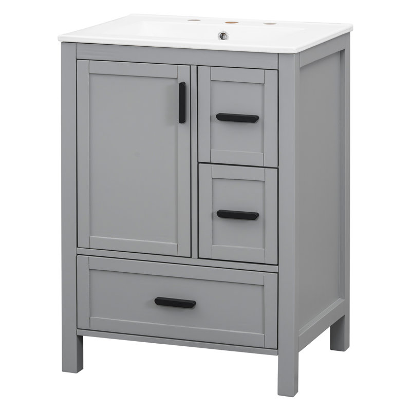 Meuble-lavabo 24 po avec comptoir en céramique, armoire et tiroirs 24 po, Gris, Noir