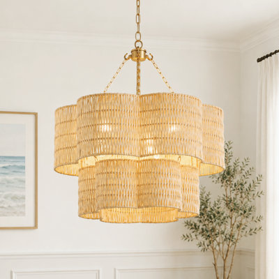 20" 3-Light Double-shaded Scalloped Rattan Chandelier