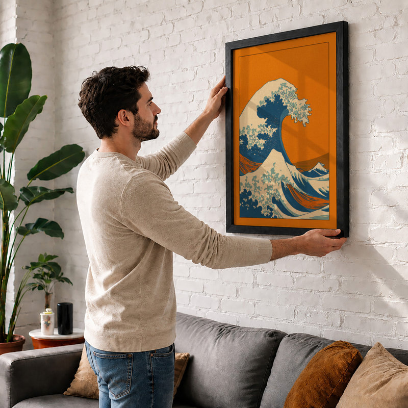 Wave in Motion Japandi - Framed Print, A2 - 59.4 x 42.0 cm, Black