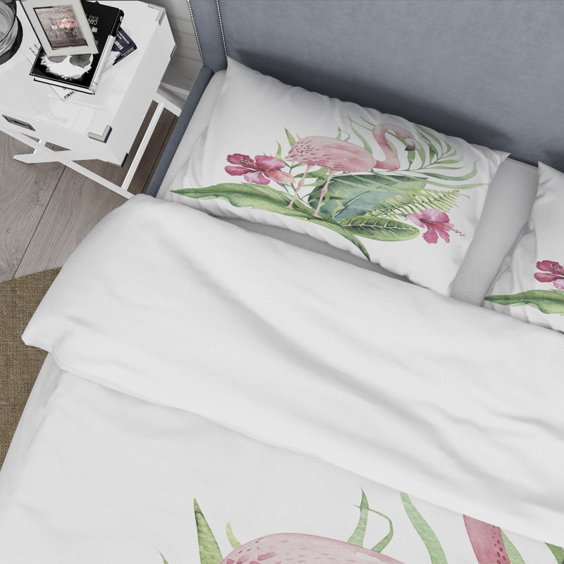 Flamant rose avec feuillage exotique et fleurs roses - ensemble de housse de couette traditionnel - microfibre de polyester