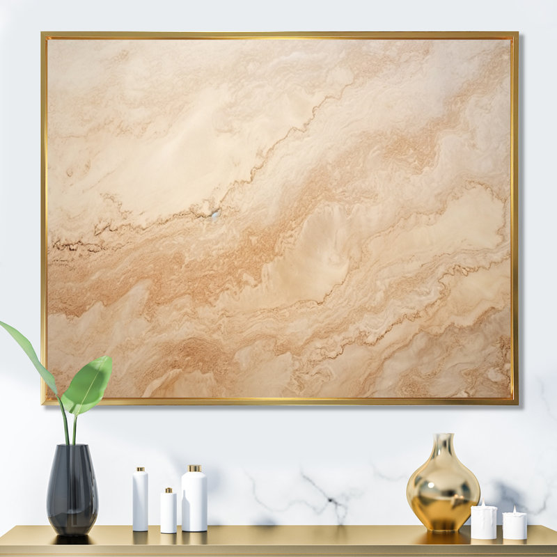 Crème marbré Melody V - art mural abstrait, salon, H 34 po x l 44 po x P 1,5 po, Cadre flottant doré