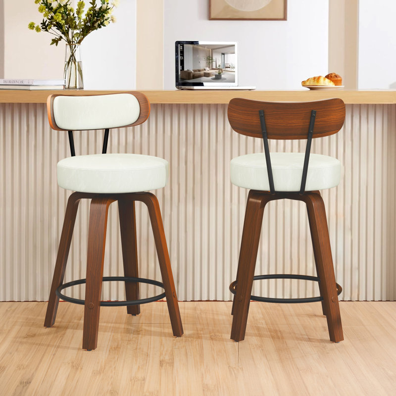 Swivel Counter Height Bar Stools Set of 4, Faux Leather Kitchen Stools Upholstered Barstools with Back, Walnut Wood Legs, Mid Century Island Chairs Counter Stools, 26" Seat Height