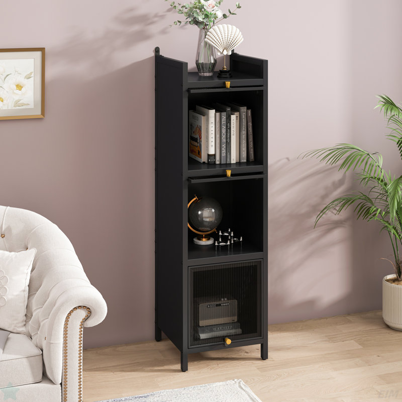 Modern Four-tier Glass Door Cabinet With Five Shelves, Ideal For Entryway, Living Room, Bathroom, & Dining Room, Black