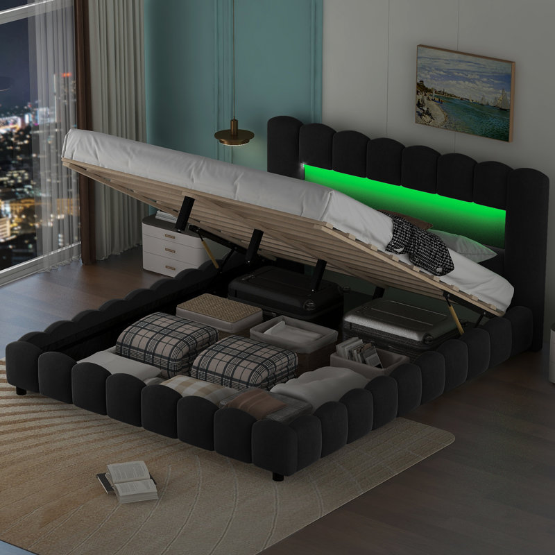  Grand lit plateforme tapissier avec ports USB et éclairage de tête de lit ambiant, gris