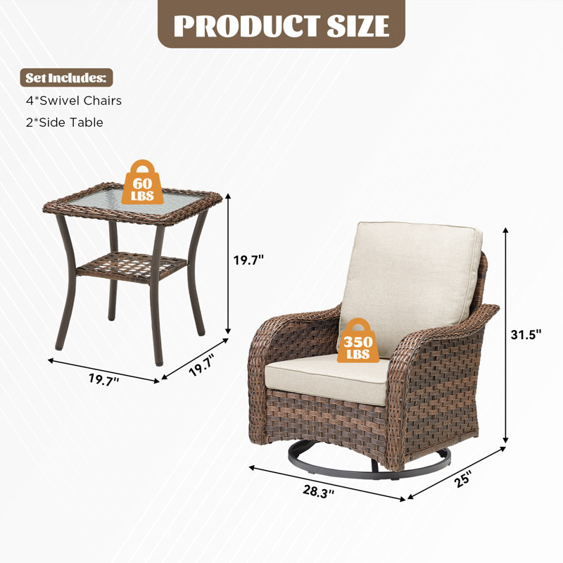 Ensemble de meubles de patio en osier avec chaises pivotantes 360 ° Gustave, Beige
