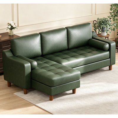 Canapé d'angle en L de 226 cm (89 po), canapé moderne en similicuir vert avec coussins épais et capitonnage à canaux pour salon