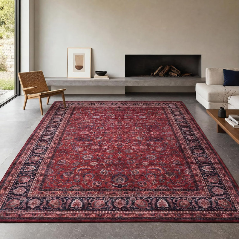 Yildiz - Indoor, Machine Washable Area Rug - 9'x12' Dark Red Home Carpet, Rectangle 9' x 12'