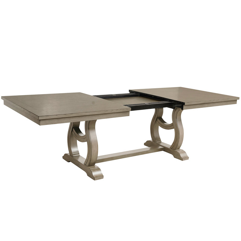 Table de salle à manger extensible Classic 7pc avec bouton - revêtement, garniture cloutée, base en tréteaux, feuille traditionnelle en tissu crème, tissu, base