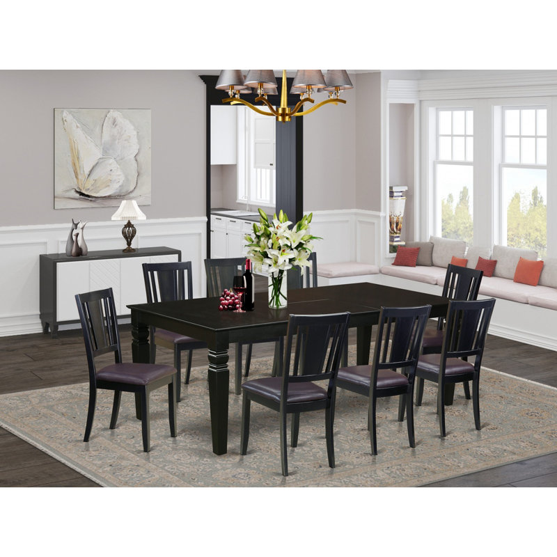 Ensemble de table de cuisine 9 pièces comprenant une table de salle à manger rectangulaire avec rallonge papillon et 8 chaises en similicuir, noir