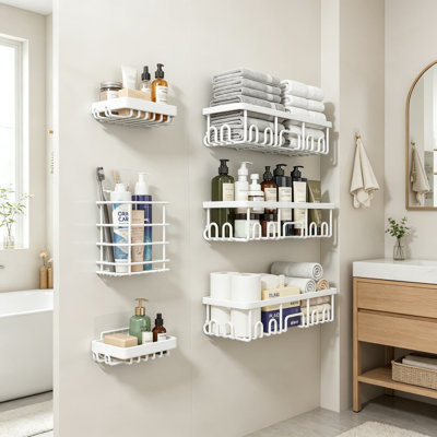 6-Pack Rustproof Waterproof Adhesive Shower Caddy Set with Soap Holder, No Drilling Wall-Mounted Bathroom Organizer for Shower Essentials, Large Storage Shelves for Kitchen and Home Decor