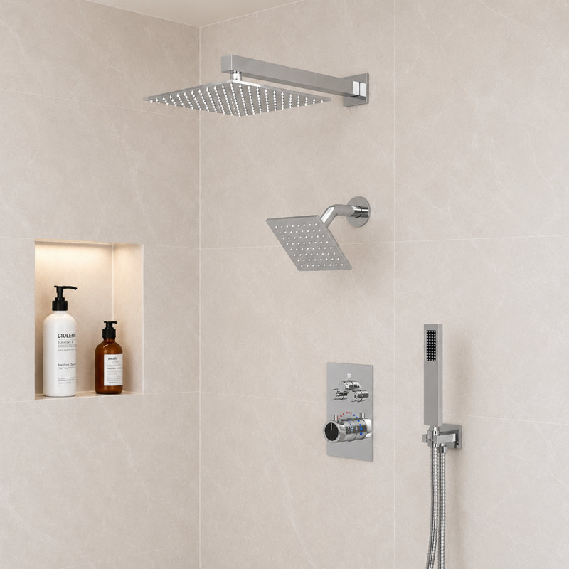 Wall Mount 12" High-Pressure Rainfall Shower Faucet, Dual Rainfall Shower Head System with Thermostatic Valve, Chrome