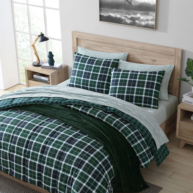 Navy and Green Reversible Microfiber Twin Bedspread Set