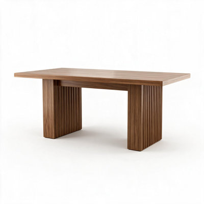 Table de salle à manger en noyer avec bords ondulés, grand plateau rectangulaire, structure en bois robuste, sièges spacieux pour 6 à 8 personnes, assemblage facile