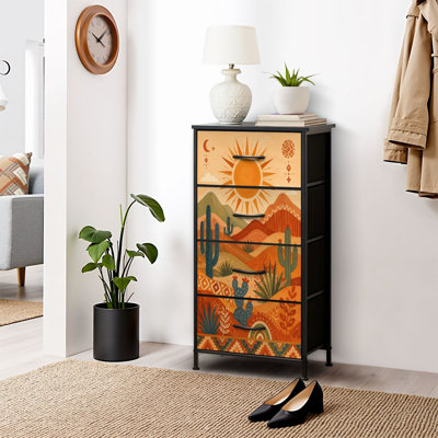 Commode à 4 tiroirs pour chambre à coucher, motif désertique, cactus soleil et montagnes colorées. Commode étroite avec dessus en bois et structure robuste en fer. Dimensions : 45,7 cm (L) x 95,2 cm (H).