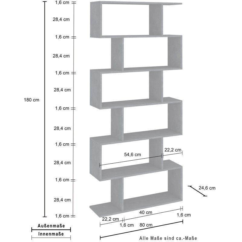 Biljana 192 cm H x 80 cm W Geometric Bookcase, 180cm H x 80cm W x 24.6cm D, Grey