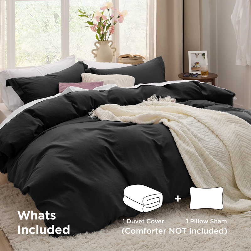 Bedsure Microfiber Duvet Cover Queen Size - Prewashed Cotton-Like Extra Soft Bedding Set (Set of 3), Black
