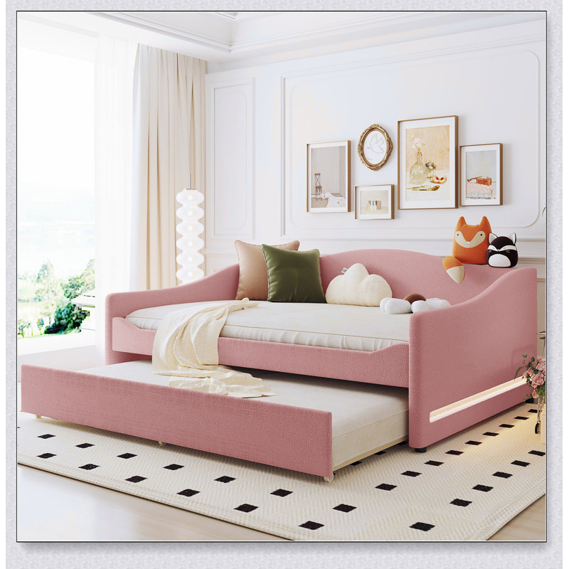 Upholstered Daybed With Light And Trundle, Pink