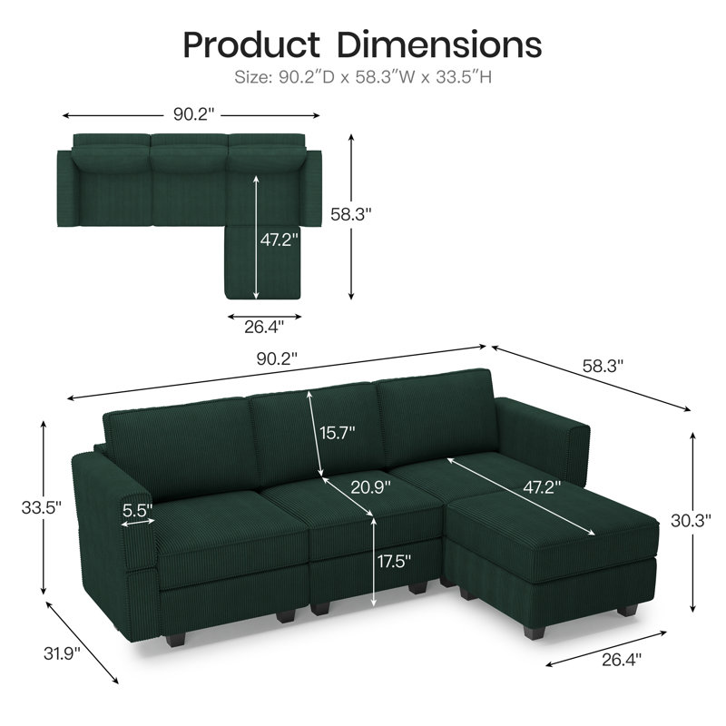 Corduroy 3-Seat Couch Modular Small Sofa, Comfy Upholstered Sofa For Living Room, Apartment, Office, Green Corduroy