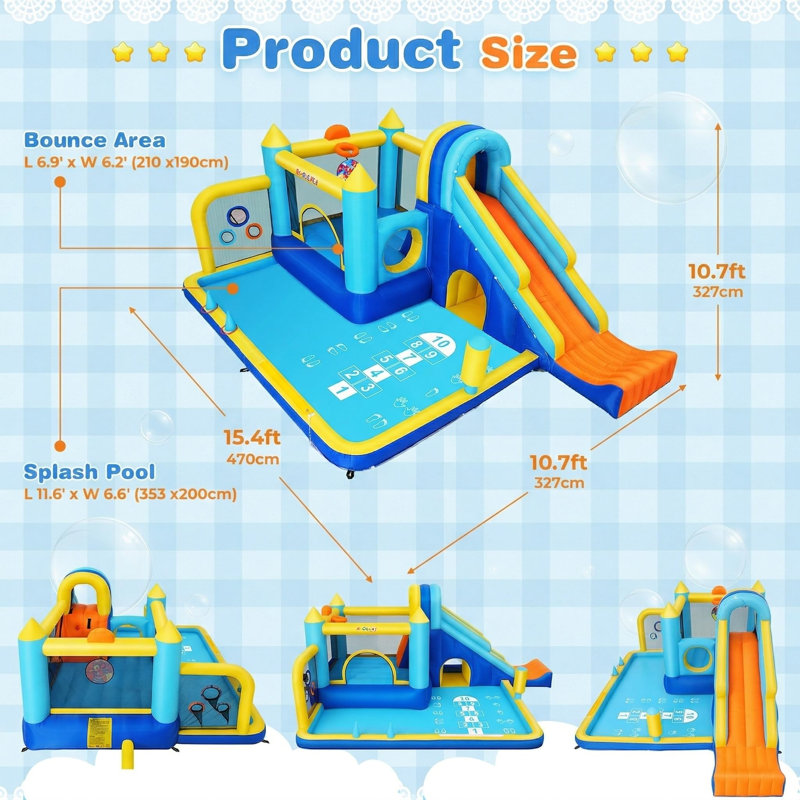 Château gonflable gonflable, grande cour de glissade d'eau 15-en-1 pour les enfants de 3 à 12 ans, château de saut extérieur / intérieur avec zone de saut