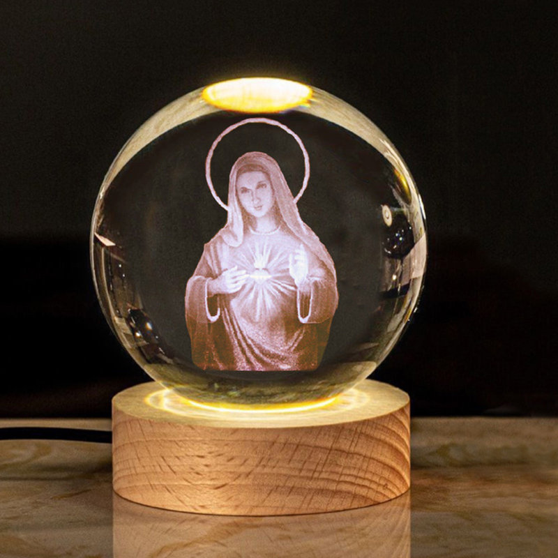 Statue veilleuse en cristal gravée veilleuse avec support en bois