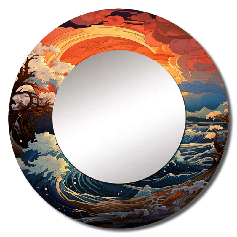 «Ocean Charm Vivid Wood Cut Effect I», miroir décoratif océan, grand miroir mural bord de mer, impression sur métal