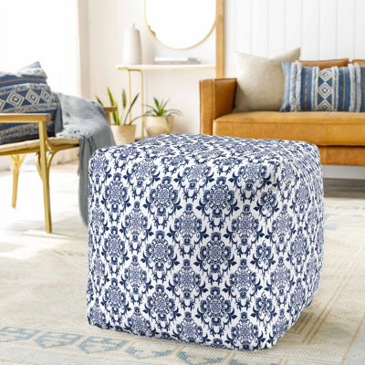 Chaimas Blue/White Transitional Floral Hand-Woven Cotton Square Ottoman Pouf