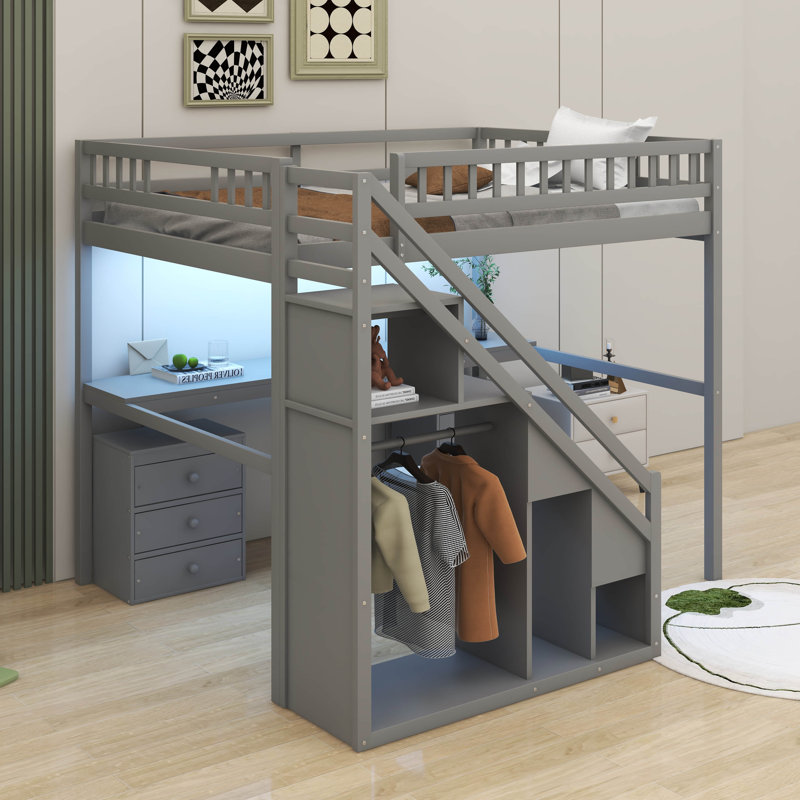 Lit mezzanine avec deux commodes, bureau et bande lumineuse, Double, gris