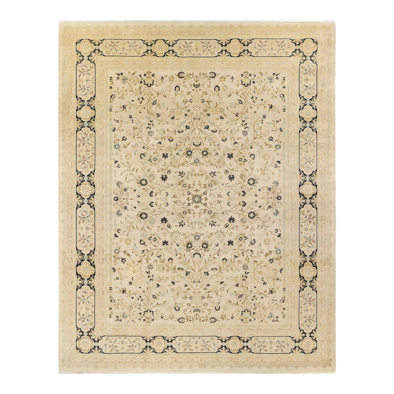 Tapis ivoire en laine noué à la main de conception unique 9 pi 3 po x 11 pi 9 po Daive Mogul