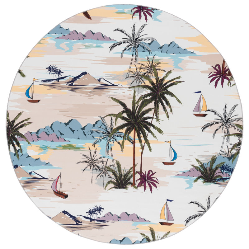 Amalea Performance Machine Washable Floral Rug, Round 6'