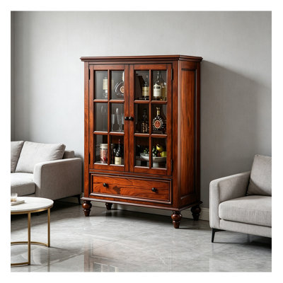 Traditional Solid Wood Display Cabinet with Glass Doors & Drawer