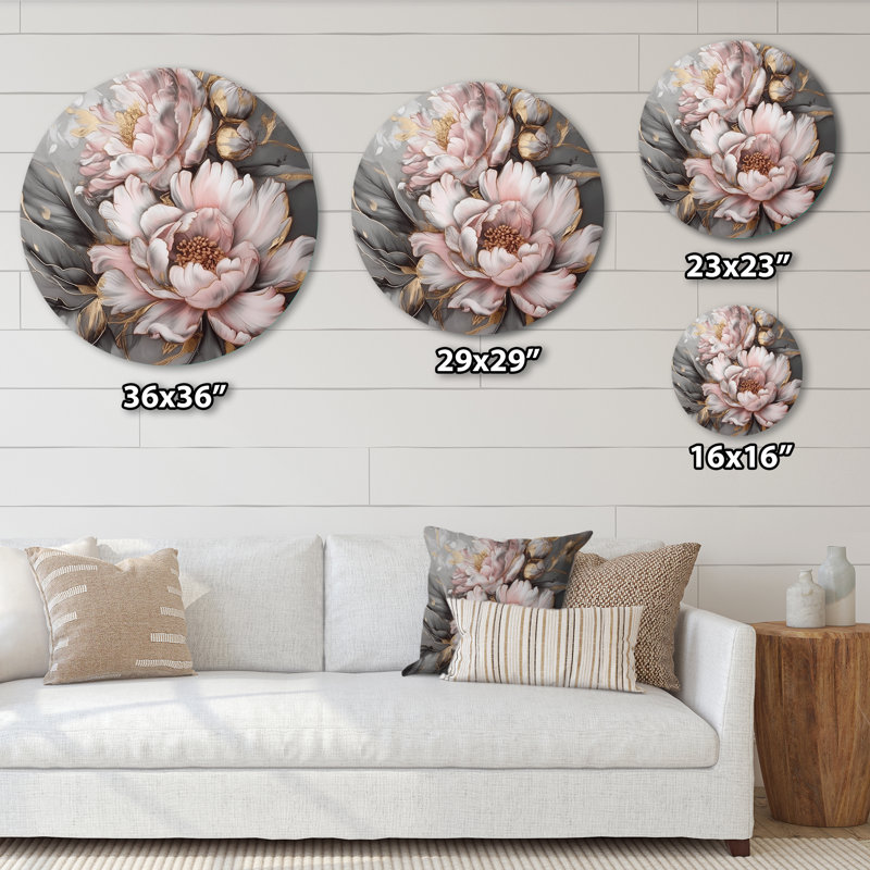 Pivoines roses et grises élégantes I - Art floral rond en métal, H 16 po x l 16 po