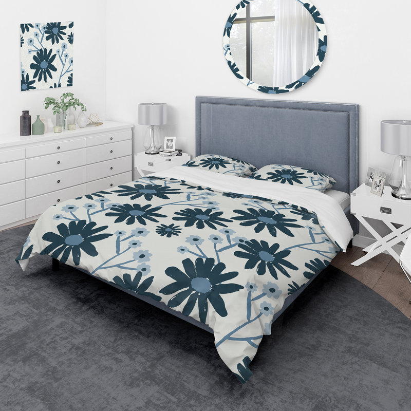 Fleurs bleues abstraites - Ensemble de housse de couette moderne Mid-Century - Microfibre de polyester