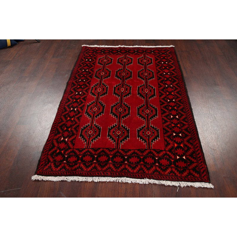 Tapis rouge en laine noué à la main de conception unique 3 pi 9 po x 5 pi 4 po Tyreece