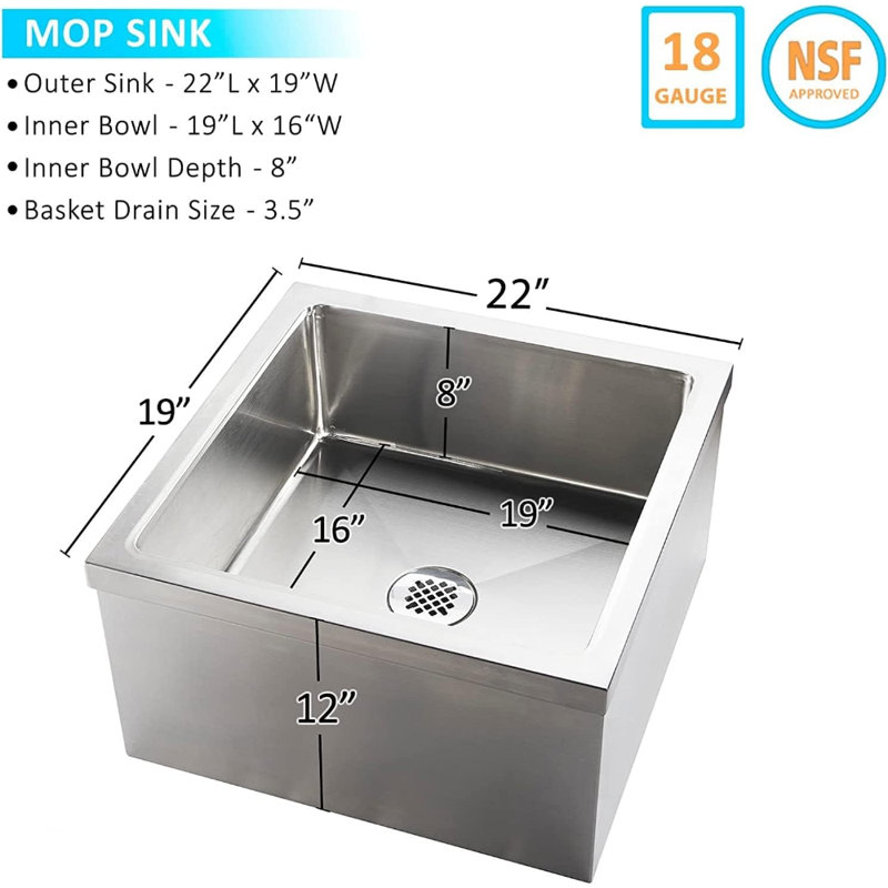 Évier de cuisine en acier inoxydable profond l 22 po x P 19 po avec cran avant et drain Express KitchQuip