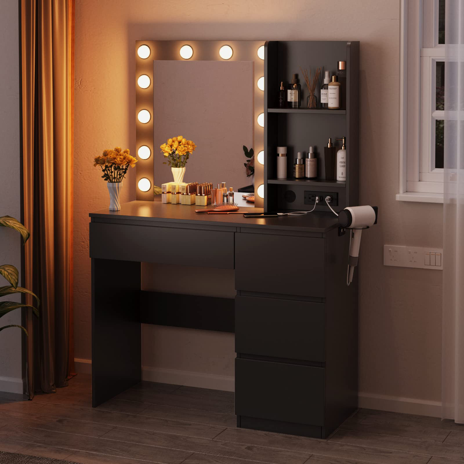 Latitude Run Makeup Vanity Table Set, Large Vanity with LED Lighted Mirror & Power Outlet, Double Sliding Door Vanity Desk, 4 Drawers & Multiple-Tier