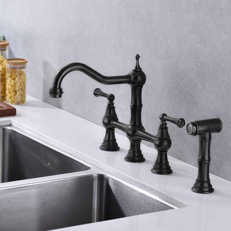 Bridge Dual Handles Kitchen Faucet With Pull-Out Side Spray, Matte Black