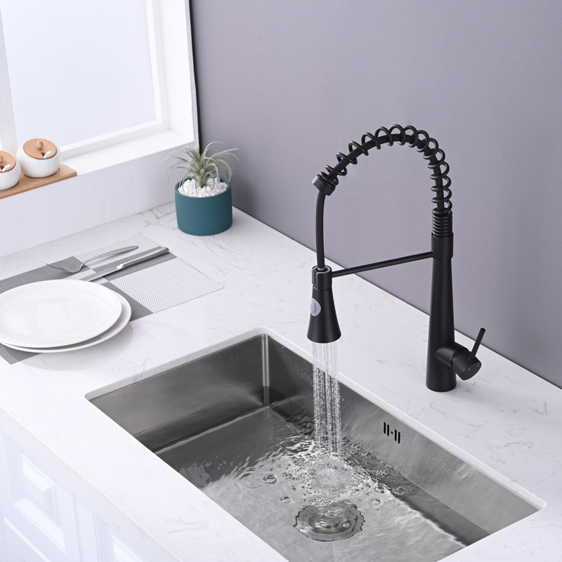 Sleek Matte Black One-handle Pre-rinse High Arc Spring Pull down Kitchen Faucet