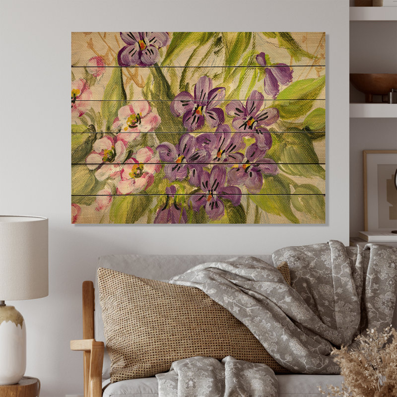 Nature morte aux fleurs mauves et vertes - Décoration murale traditionnelle en bois - Bois de pin naturel