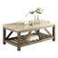 Table basse en marbre blanc crème avec base en bois et tablette