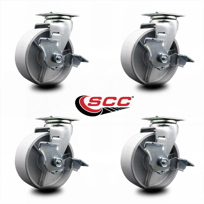 5 Inch Semi Steel Cast Iron Swivel Caster Set with Ball Bearings and Brakes