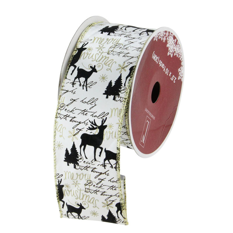 Ruban de Noël blanc et noir ludique et ludique - 2,5 po x 120 verges