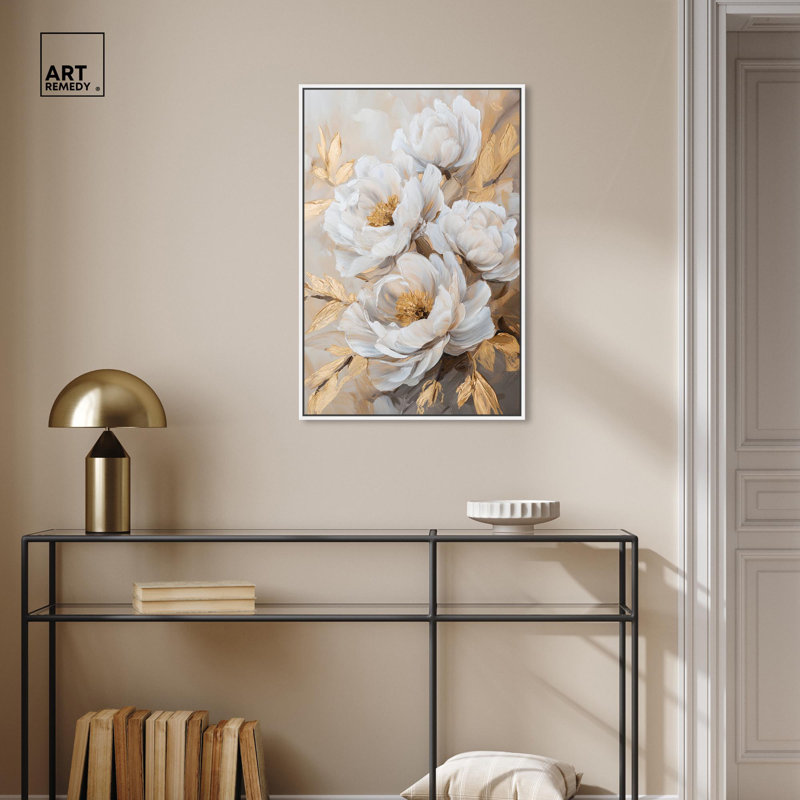 Art Remedy, art floral élégant sur toile, Blooming in the Golden Mist, H 31 po x l 21 po, Cadre flottant blanc