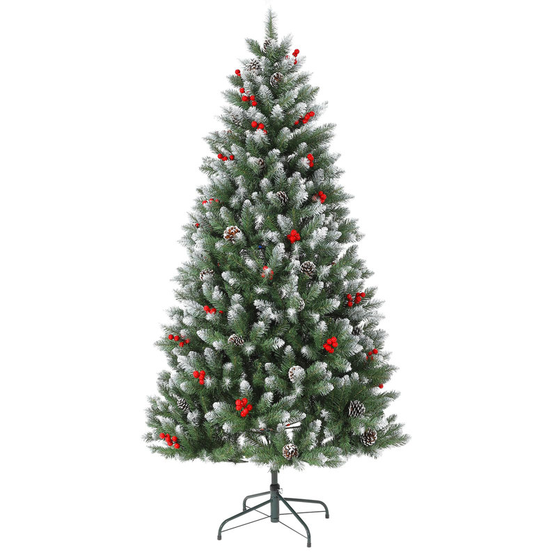 152.4cm/182.88cm Prelit Christmas Tree, Pencil Christmas Tree with Pine Cones, Holly Berries, 240 Warm White Lights-8 Modes, Metal Stand, PE & PVC Xmas Trees for Porch, Church, Office