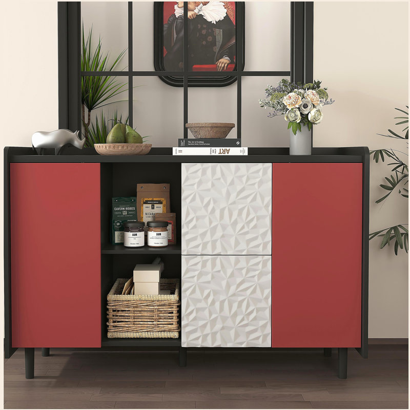 Buffet moderne avec buffet, porte, 2 tiroirs et 2 rangements ouverts, Noir / rouge, H 31,49 po x l 15,74 po x P 47,24 po