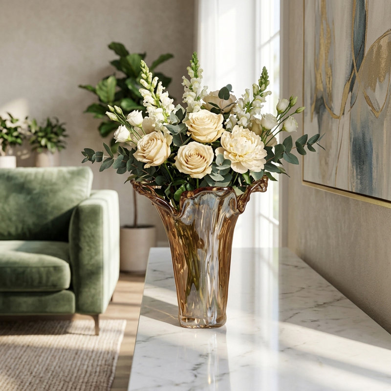 Vase décoratif en verre évasé avec rebord ondulé pour la décoration de table - Grand vase à fleurs pour bureau, présentation de table ou salon