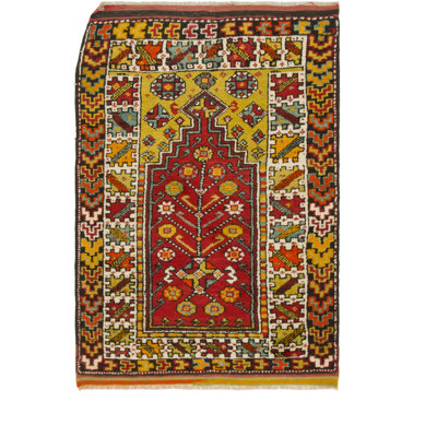 Tapis de zone en laine rouge/jaune 3 pi 5 po x 5 pi one-of-kind à la main noué la Diana