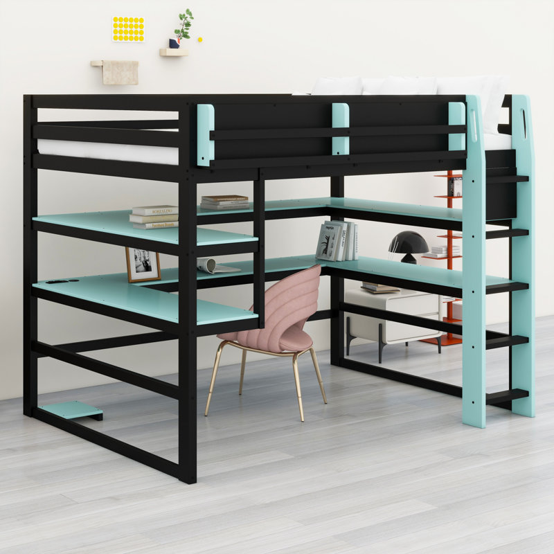 Lit mezzanine multifonctionnel en bois avec bureau intégré, tablettes de rangement et éclairage RVB, Lit double, Bleu nuage
