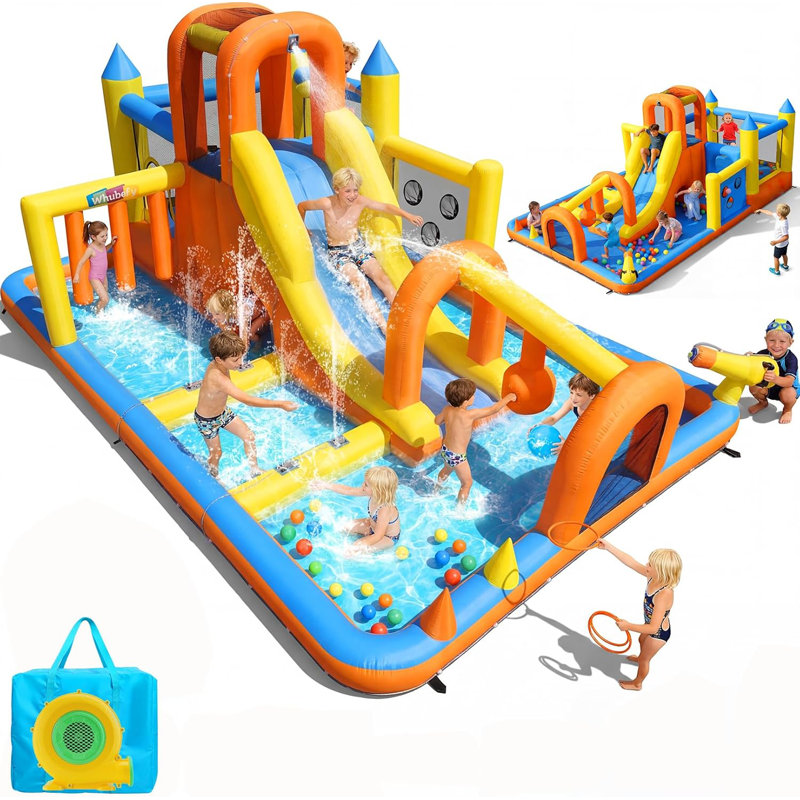 Jeu gonflable gonflable avec glissade d'eau, parc de glissade d'eau de 15 pi avec glissade longue, parcours d'obstacles, saut, piscine, cerceau, canon à eau, glissade d'eau dans la cour arrière