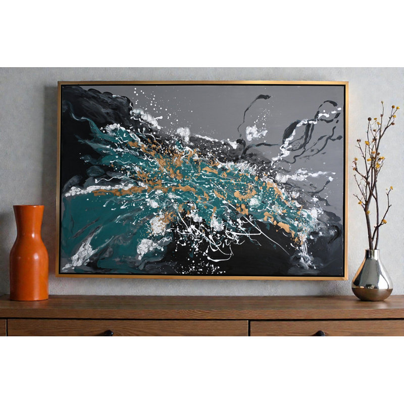 Peinture abstraite sur toile Splash of Green, sarcelle, cadre doré, 41 po x 61 po