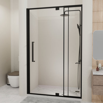 Semi-Frameless Pivot Hinged Glass Shower Door 44-48 in. W x 72 in. H,1/4" (6mm) Tempered Glass, Matte Black Finish, Reversible Glass Shower Door